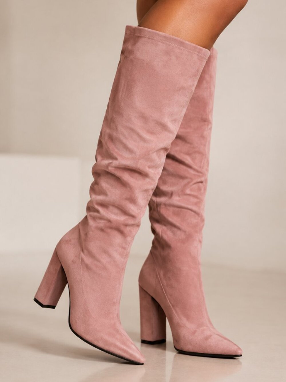 Dusty Rose Faux Suede Slouch Knee High Block Heel Boots